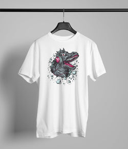 dino with headphones