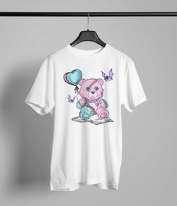 Pink Teddy With Blue Heart Baloons